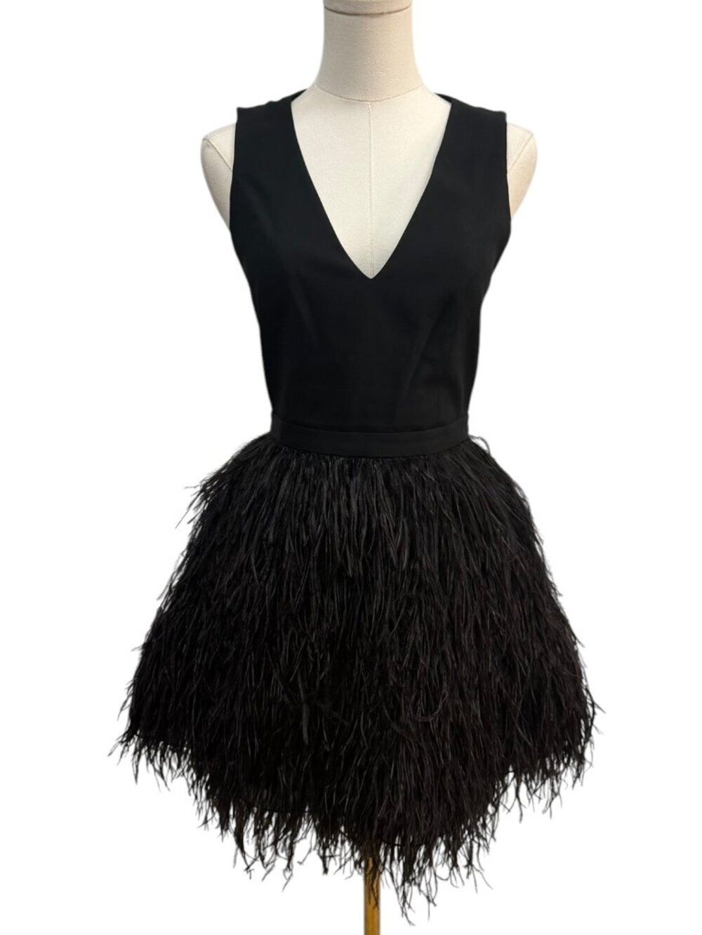 EUC Alice + Olivia Kiara Black Ostrich Feather Cocktail Dress Lace Back XS (Est)